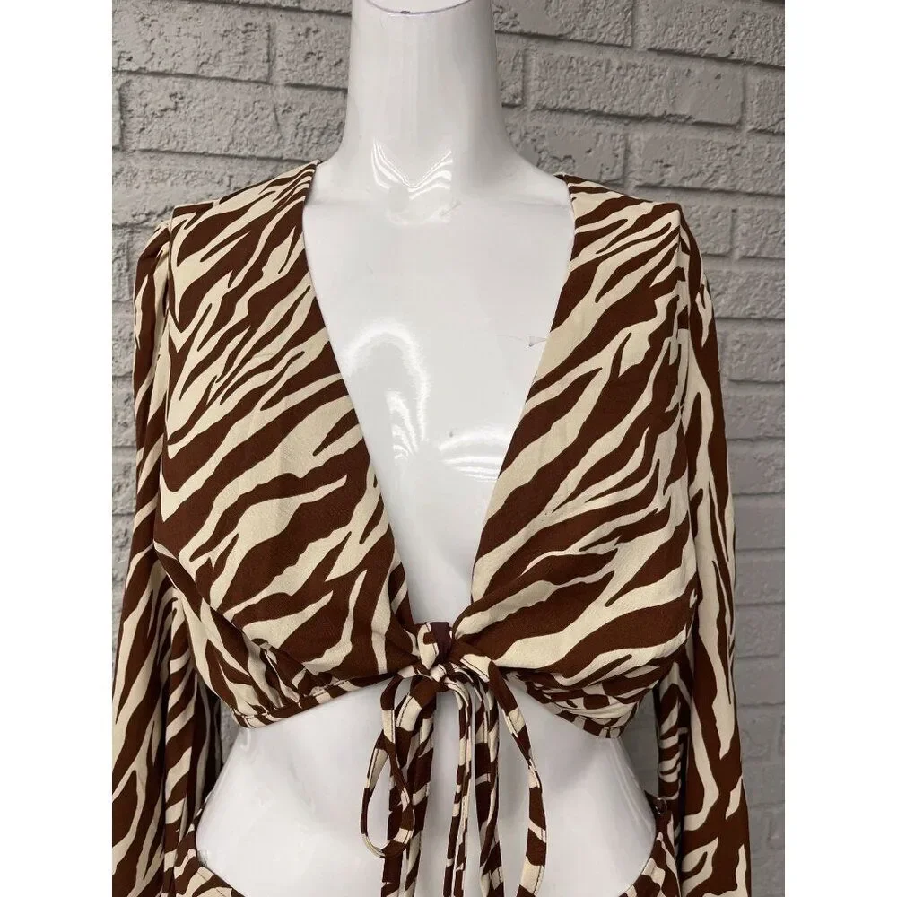 Style Rack Women's Brown / Cream Zebra Print 2 PCS Tie Top Skirt Set Size L NWT